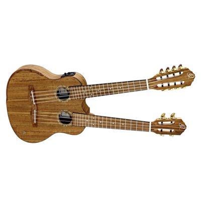 HYDRA Double Neck Tenor Ukulele 4/8 Strings Ovankgol Back & Top Natural Finish, Includes Rect Angle Gig Bag.