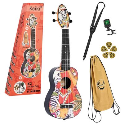 Keiki K2 Designer Soprano Ukulele El Muerto Finish Includes Drawstrig Bag, Tuner, Hook Strap & 5 Picks